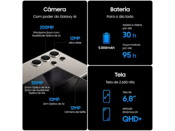Smartphone Samsung Galaxy S24 Ultra 6,8" Galaxy AI 256GB Titânio Preto 5G 12GB RAM Câm. Quádrupla 200MP + Selfie 12MP Bateria 5000mAh Dual Chip - Image 3